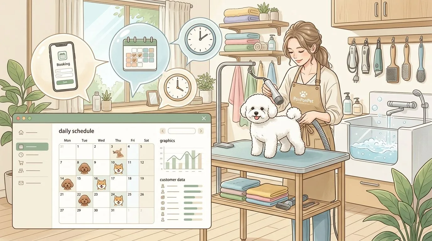 PonPonPet 預約管理插畫,呈現前台接待與排程安排