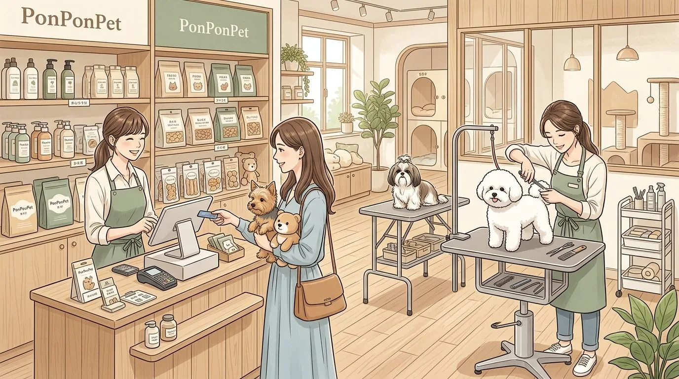 PonPonPet 收銀與營運流程插畫,呈現門市結帳與營運流程整理