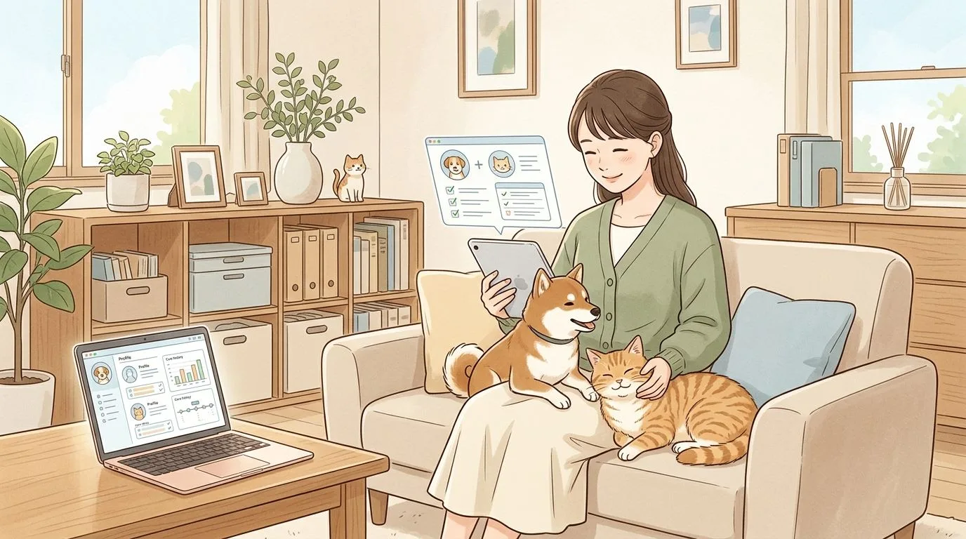PonPonPet 會員與寵物資料插畫,呈現飼主關係與照護記錄感