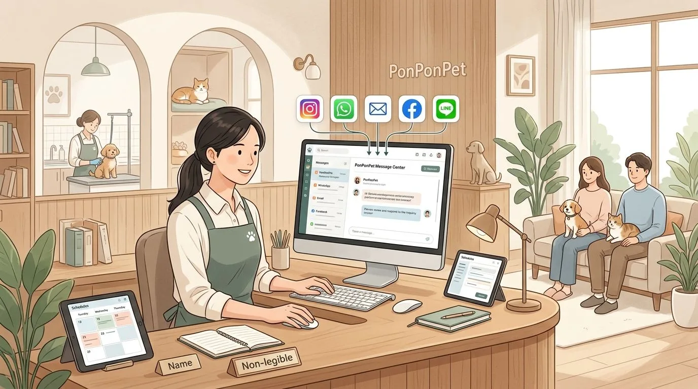 PonPonPet 訊息中心插畫,呈現外部平台訊息集中與接待溝通整理