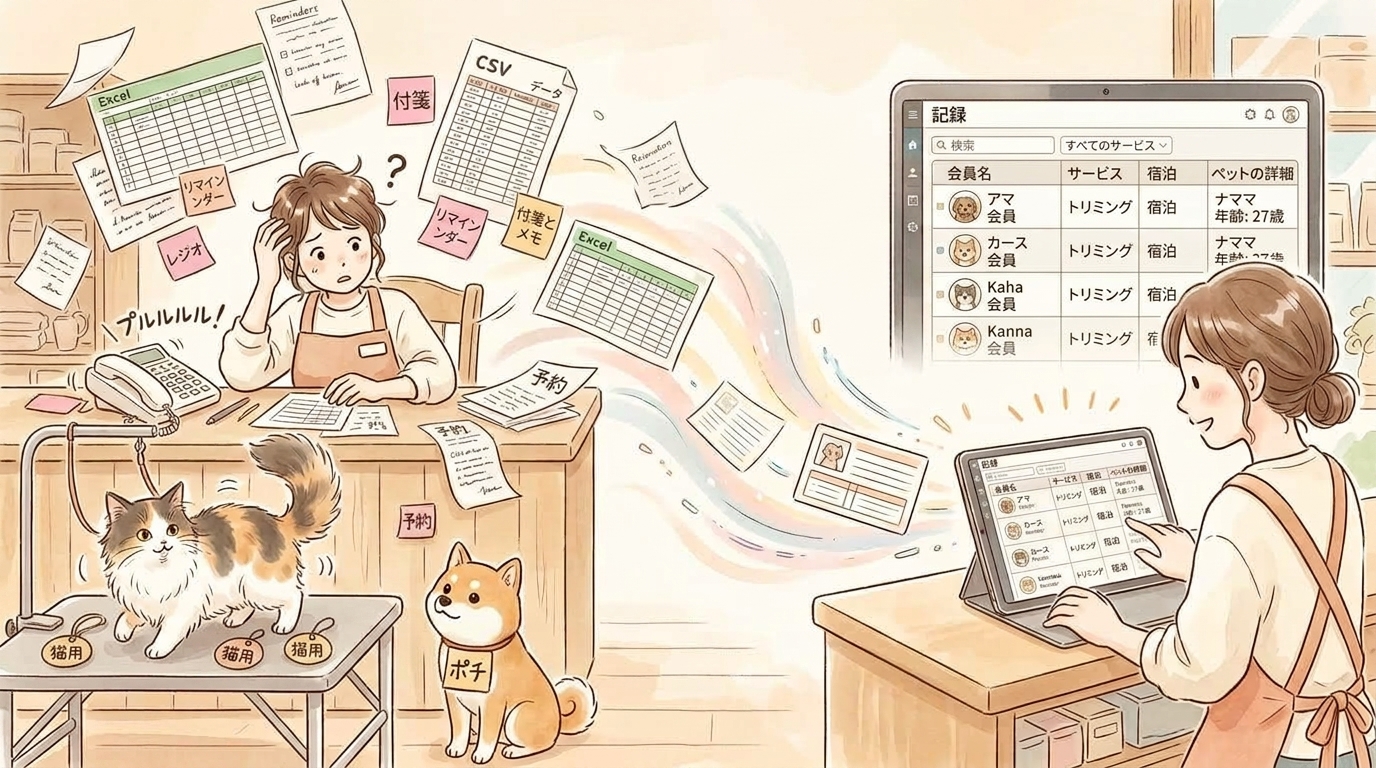 PonPonPet 資料導入支援插畫,呈現從 Excel 與 CSV 整理會員、毛孩與服務資料的安心感