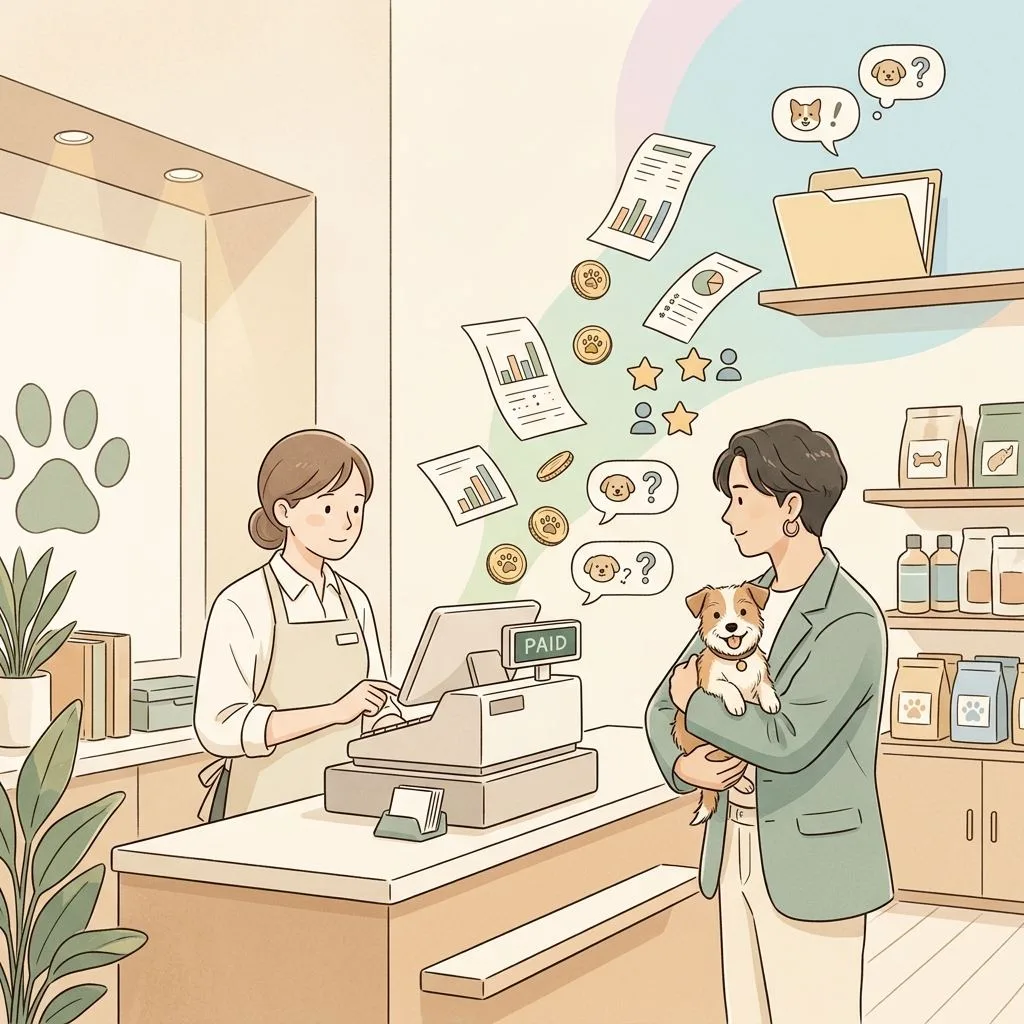 PonPonPet 痛點插畫,呈現收銀完成後資料仍分散無法回到決策