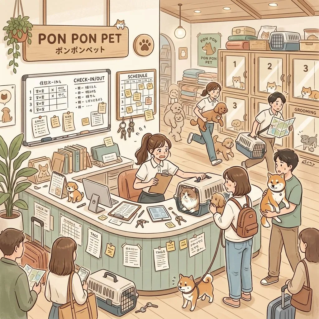 PonPonPet 痛點插畫,呈現住宿交接與入住退房安排混亂