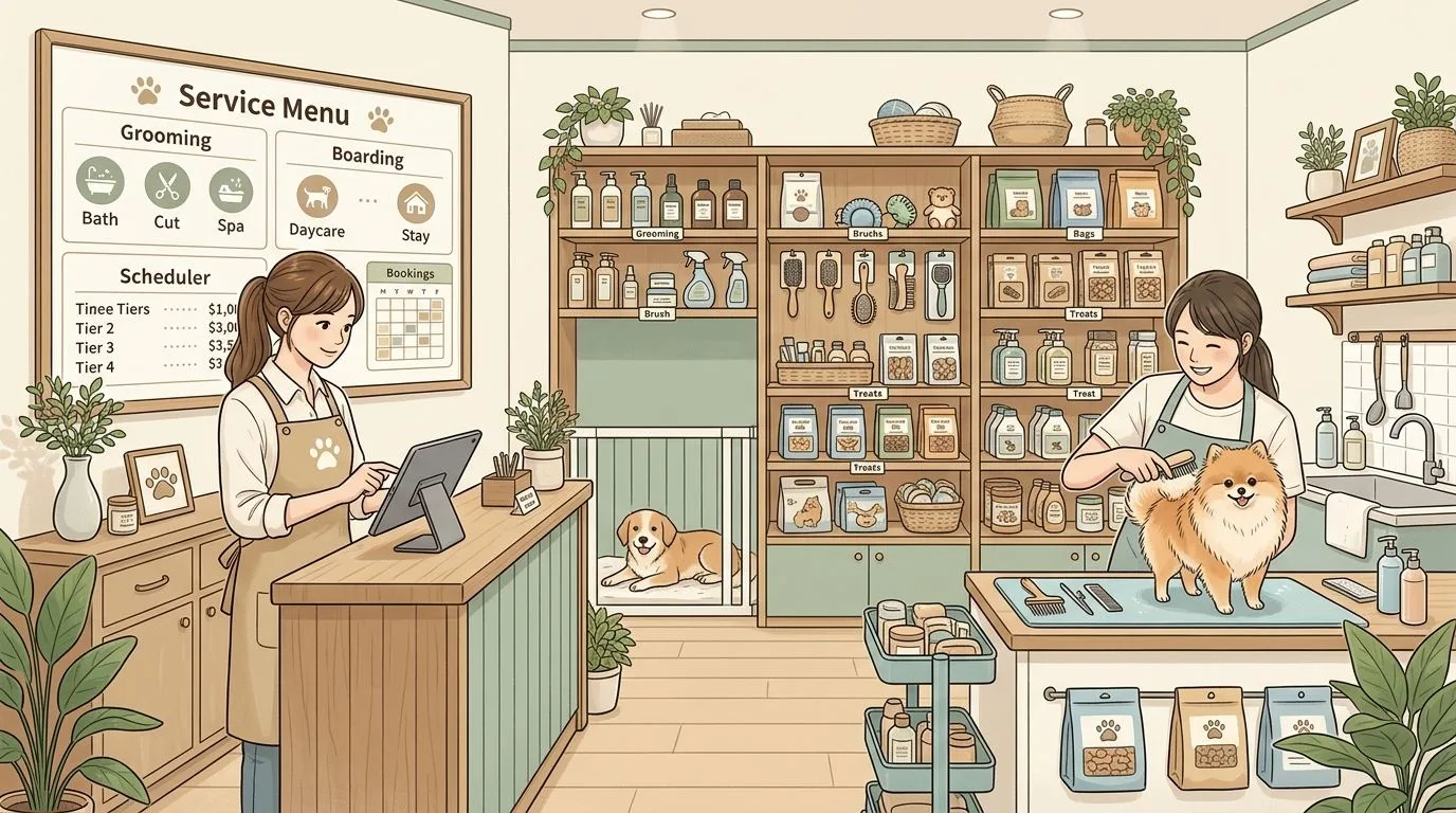 PonPonPet 商品與服務管理插畫,呈現門市商品陳列與服務項目整理