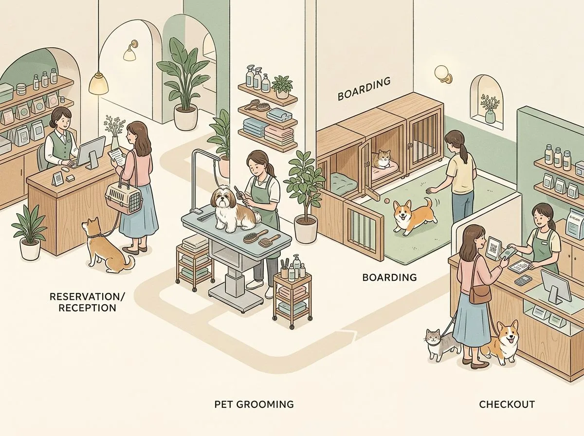 PonPonPet Solution 示意圖,呈現把日常店務流程整理回同一套系統